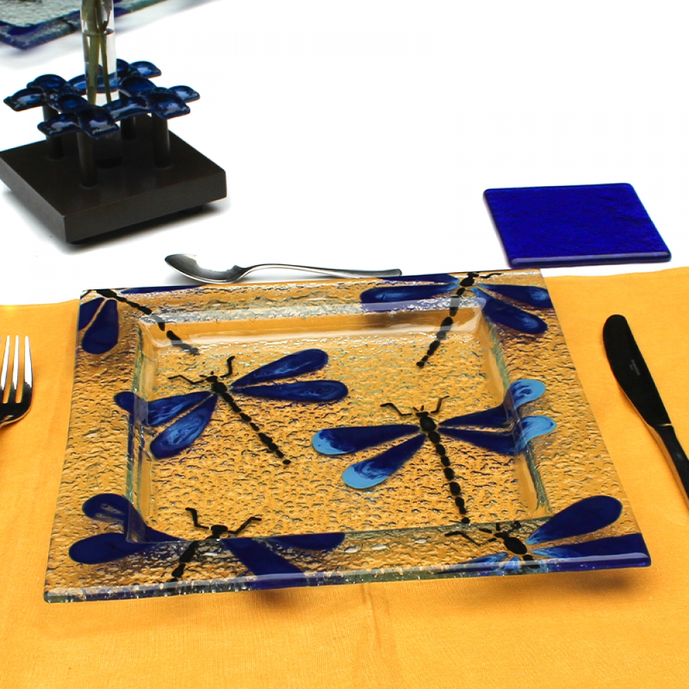 Plato cuadrado libélula azul